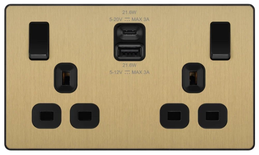 satin brass double socket with a and c usb port