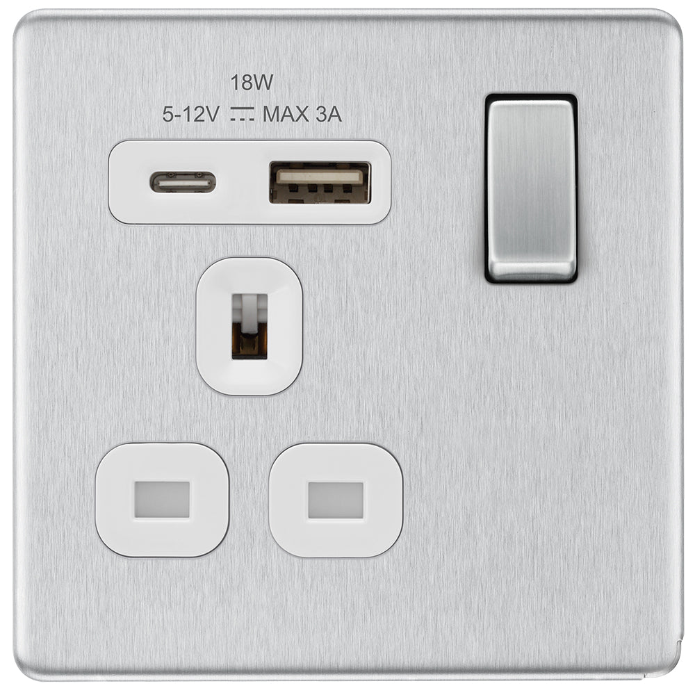 BG Screwless Brushed Steel Single USB A+C Socket FBS21UAC18W available from RS Electrical Supplies