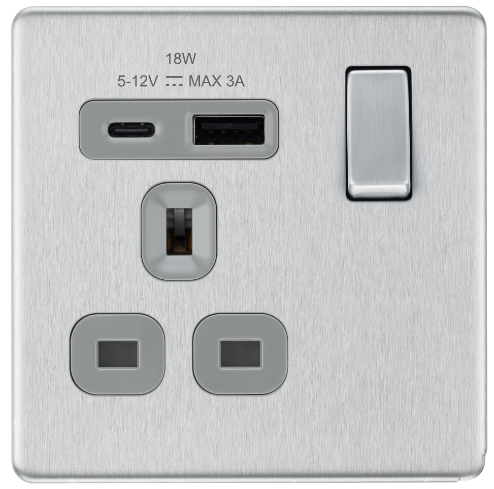 BG Screwless Brushed Steel Single USB A+C Socket FBS21UAC18G available from RS Electrical Supplies