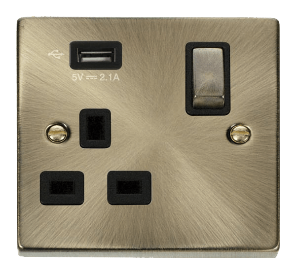 antique brass single socket with black inserts and usb ports