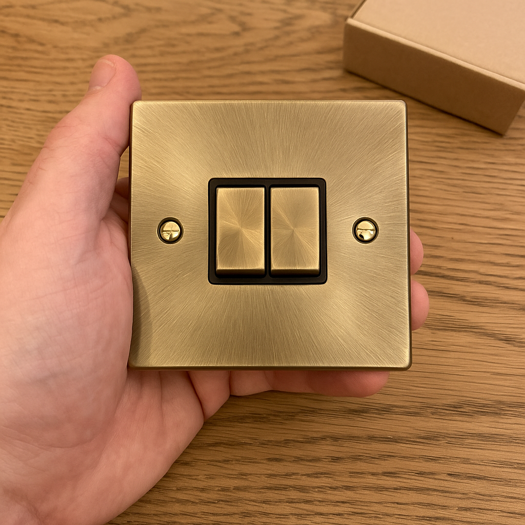 mans hand holding a satin brass two gang light switch