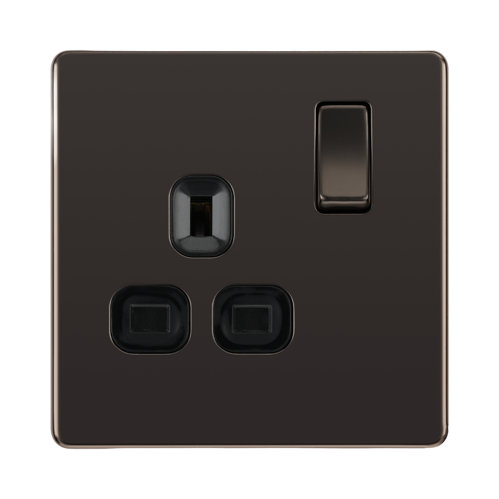 Front view of BG Nexus Screwless Black Nickel 13A Single Socket
