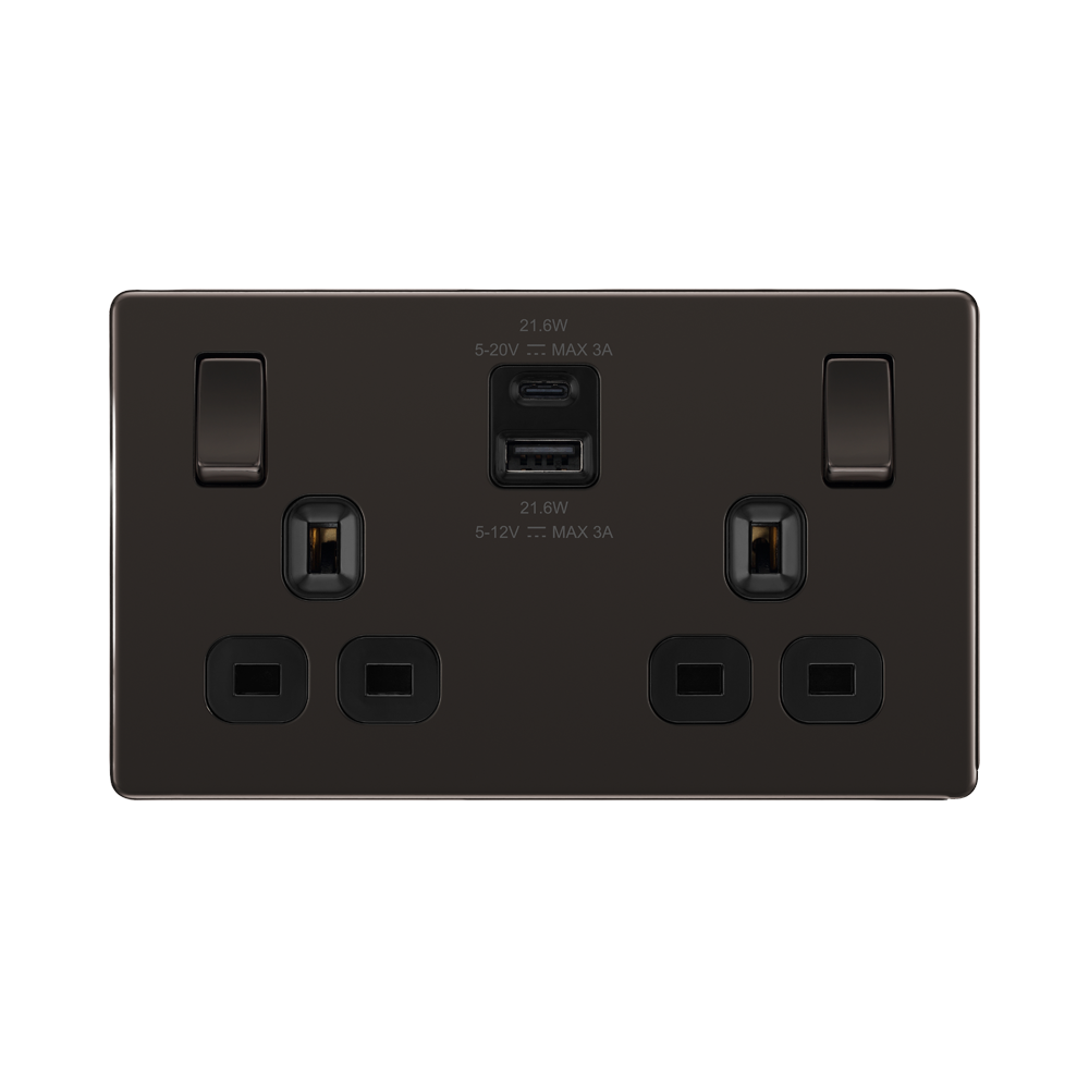 Front view of BG Nexus Screwless Black Nickel 13A Double USB Socket 22W A+C