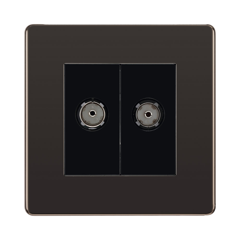 Front view of BG Nexus Screwless Black Nickel Double Co-axial Socket FBN61B