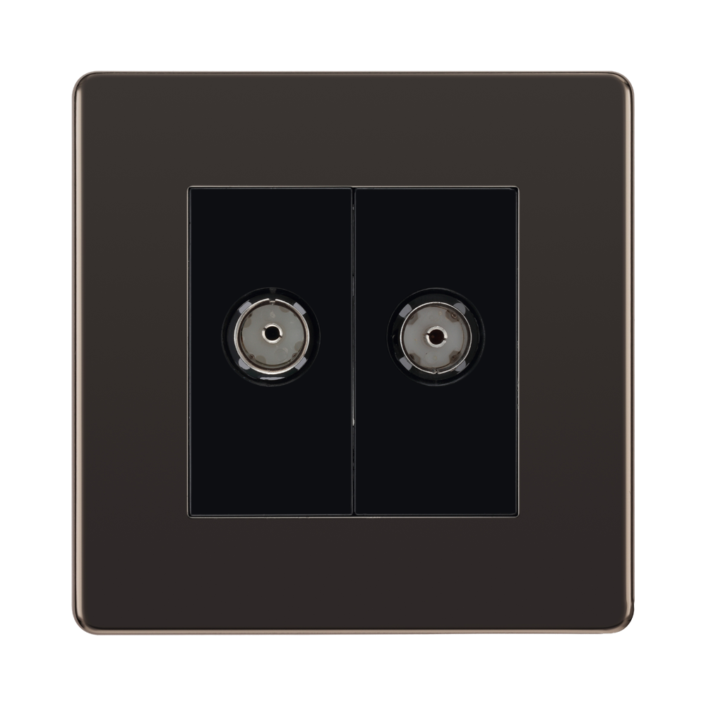 Front view of BG Nexus Screwless Black Nickel TV & FM Socket FBN66B