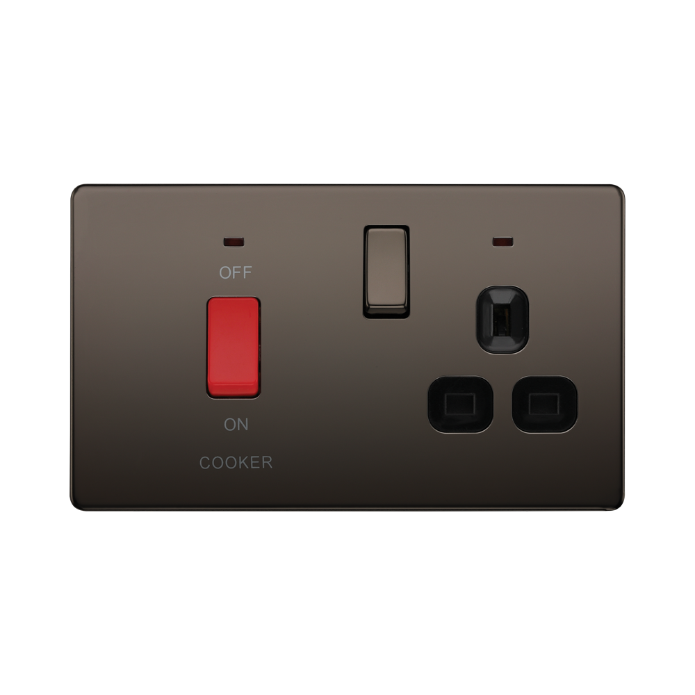 Front view of BG Nexus Screwless Black Nickel Cooker Switch with 13A Socket