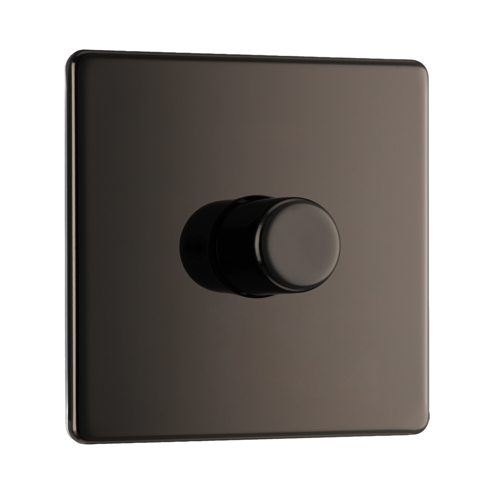 Front view of BG Nexus Screwless Black Nickel 1G Dimmer Switch