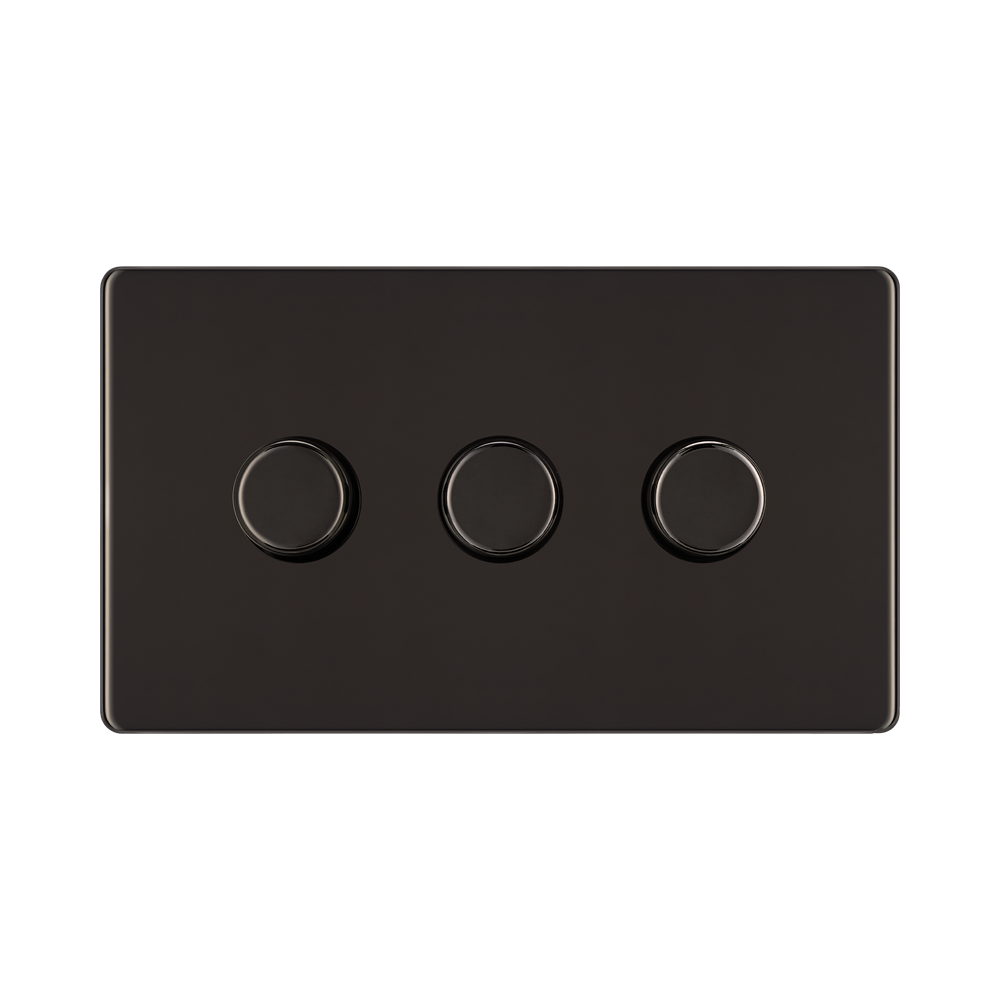 Front view of BG Nexus Screwless Black Nickel 3G Dimmer Switch