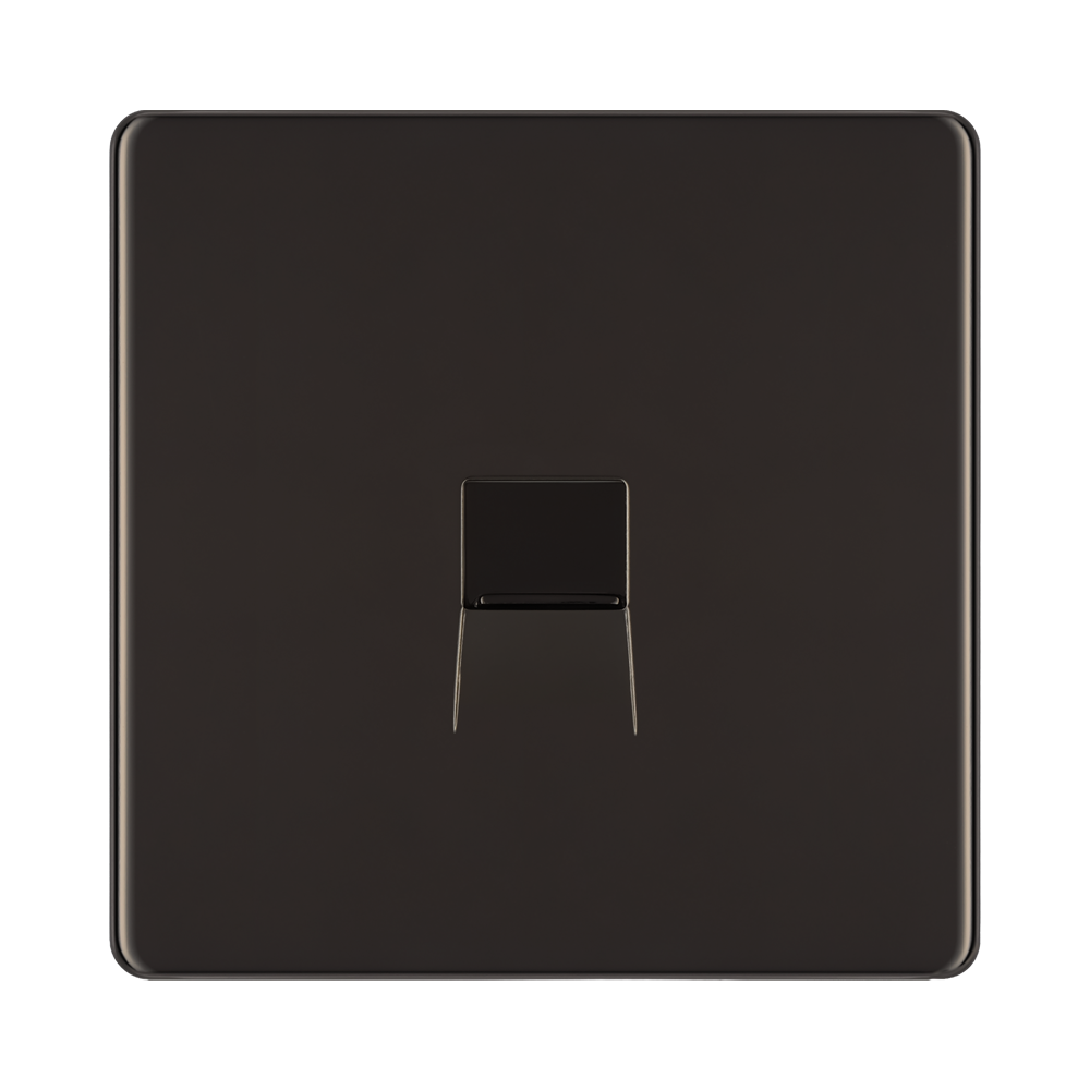 Front view of BG Nexus Screwless Black Nickel Master Telephone Socket