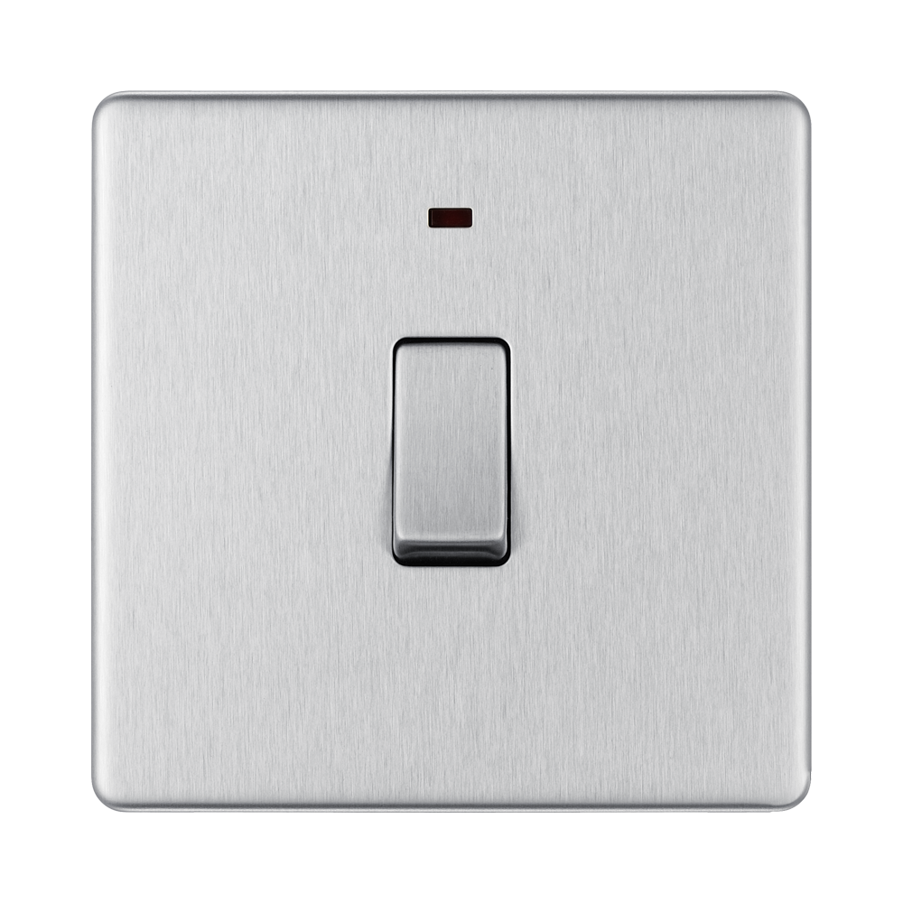 Front view of BG Nexus Screwless Brushed Steel 20A Double Pole Switch with Neon