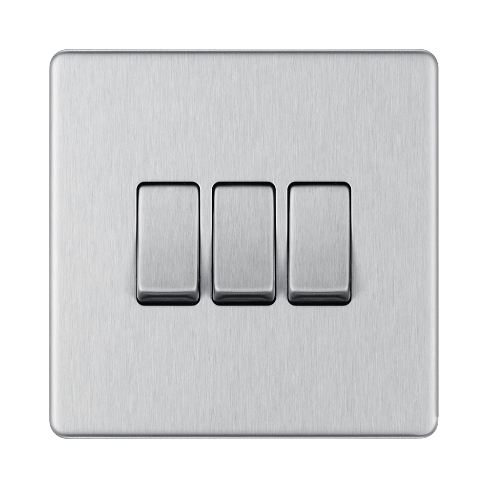 Front view of BG Nexus Screwless Brushed Steel 3G 2W Light Switch