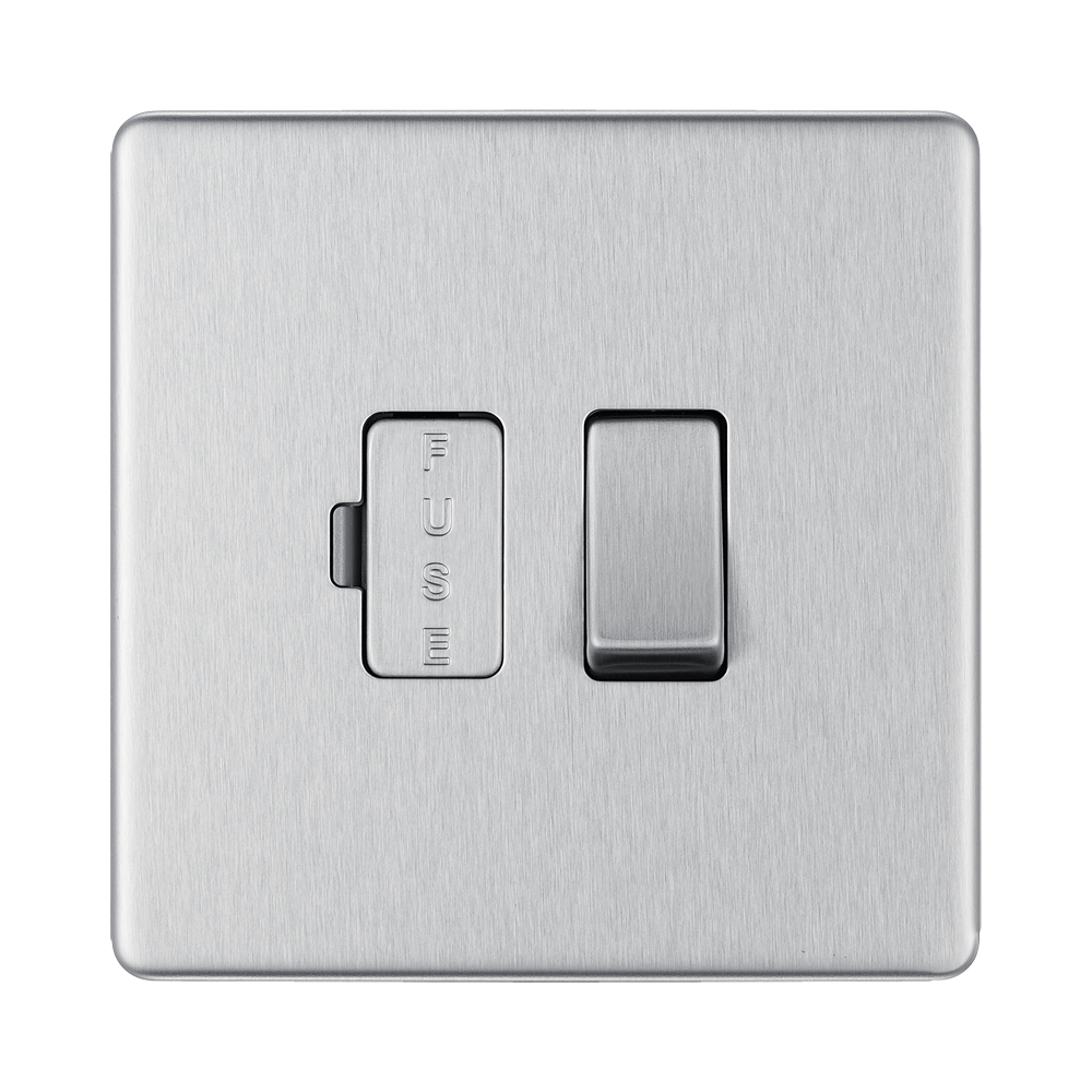 Front view of BG Nexus Screwless Brushed Steel 13A Switched Spur