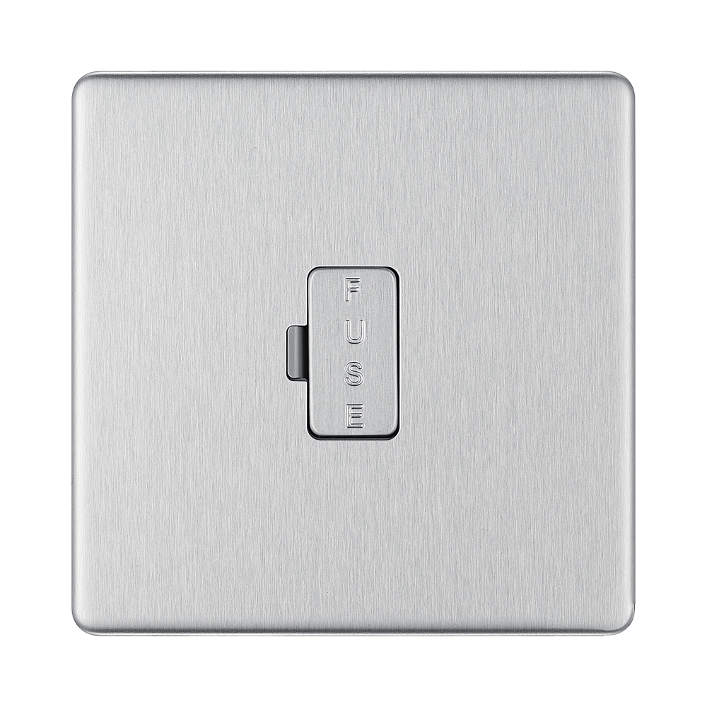 Front view of BG Nexus Screwless Brushed Steel 13A Unswitched Spur