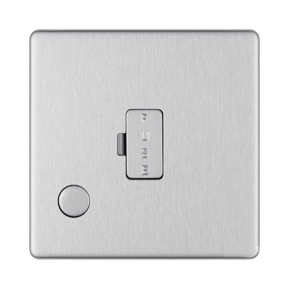 Front view of BG Nexus Screwless Brushed Steel 13A Unswitched Spur with Flex Outlet