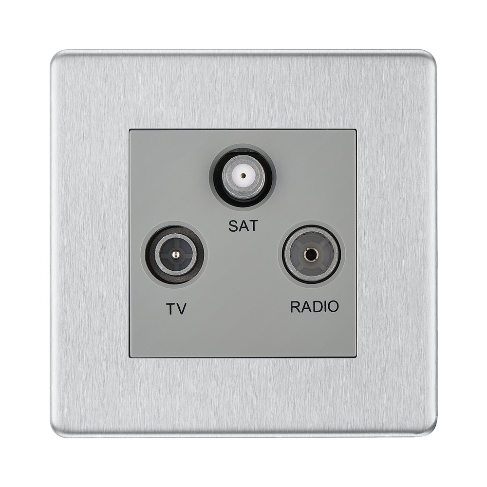 Front view of BG Nexus Screwless Brushed Steel TV/FM/SAT Socket FBS67G