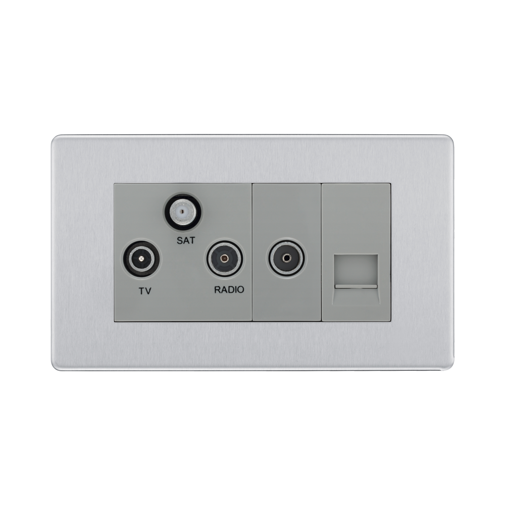 Front view of BG Nexus Screwless Brushed Steel Combination TV Socket FBS68G