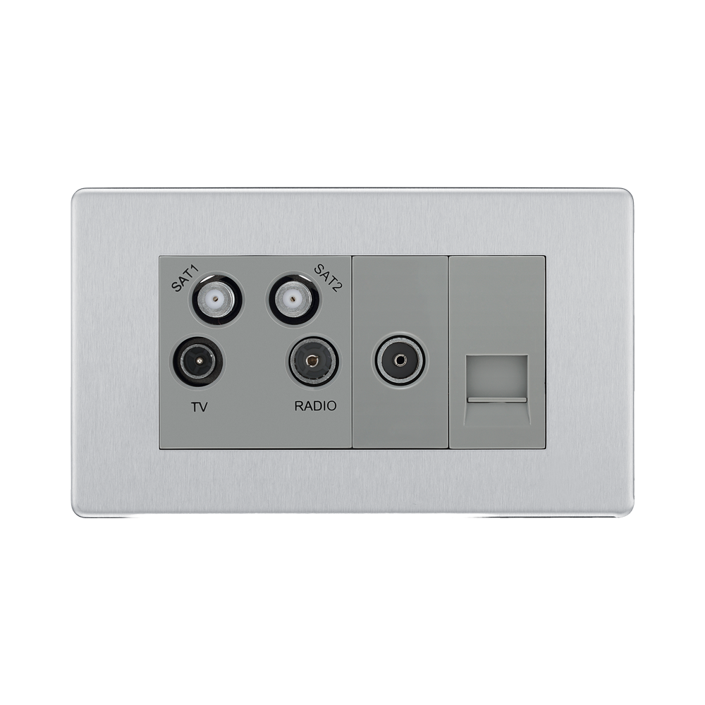 Front view of BG Nexus Screwless Brushed Steel Combination TV Socket FBS69G