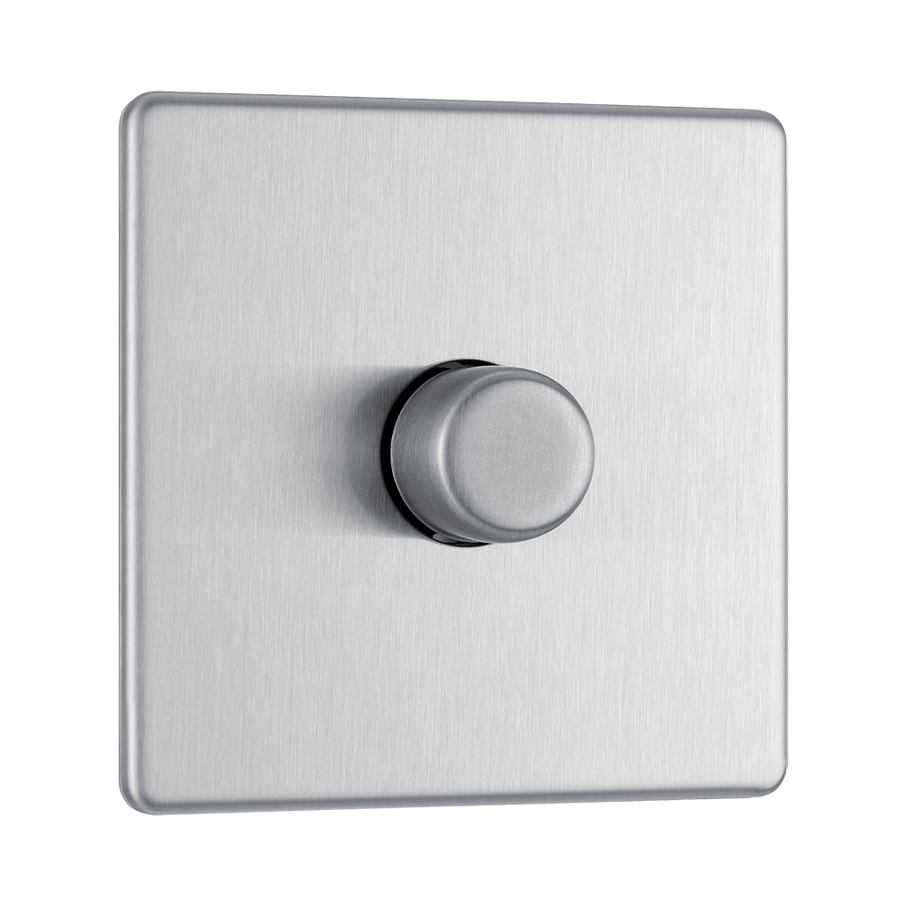 Front view of BG Nexus Screwless Brushed Steel 1G Dimmer Switch