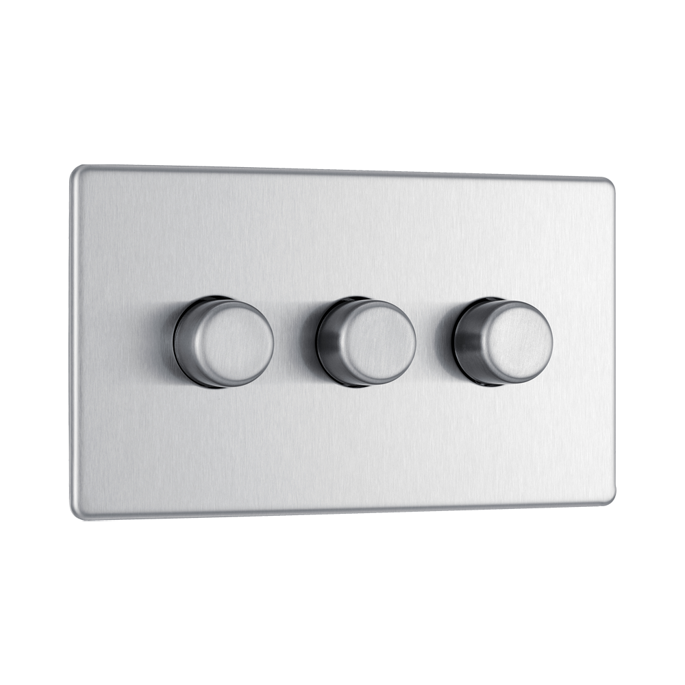 Front view of BG Nexus Screwless Brushed Steel 3G Dimmer Switch