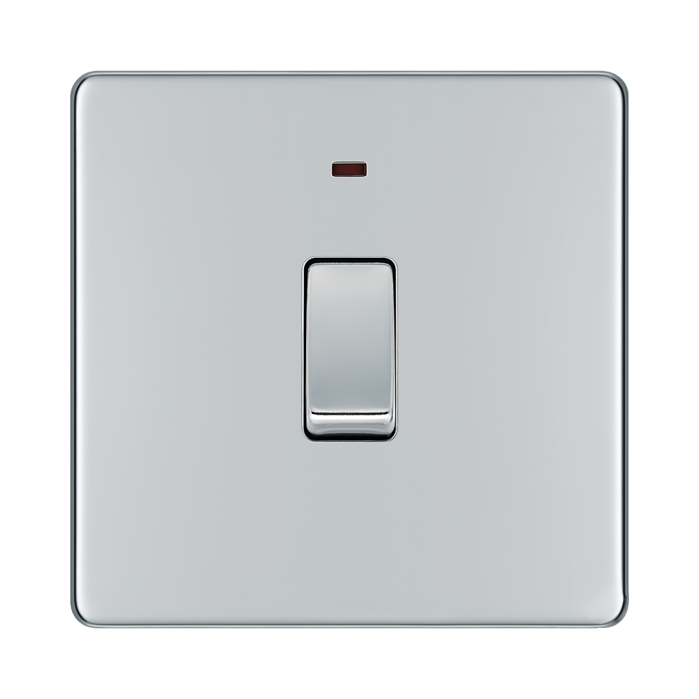 Front view of BG Nexus Screwless Polished Chrome 20A Double Pole Switch with Neon