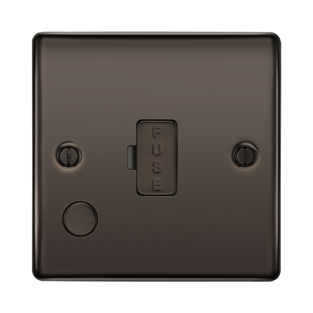 Black metal fuse box with 'FUSE' label on a white background