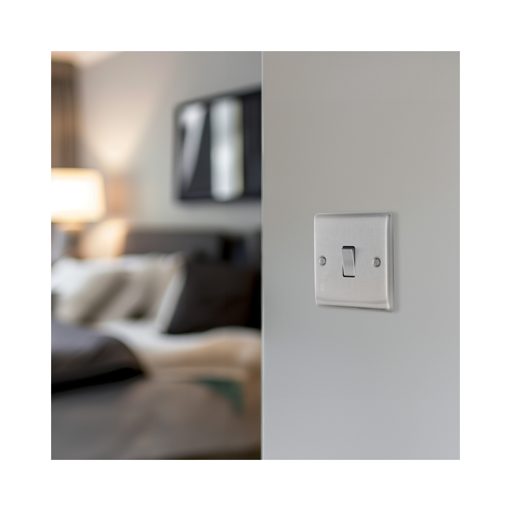 Metallic light switch on a white background bedroom setting