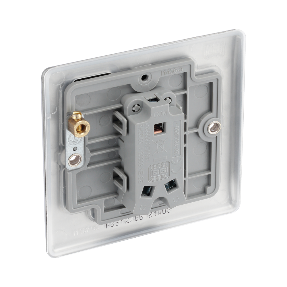 Rear view of BG Nexus Metal Brushed Steel 1-gang 2 Way Light Switch