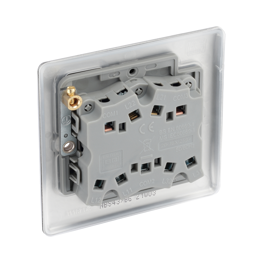 Metallic light switch panel with three toggle switches on a white background back