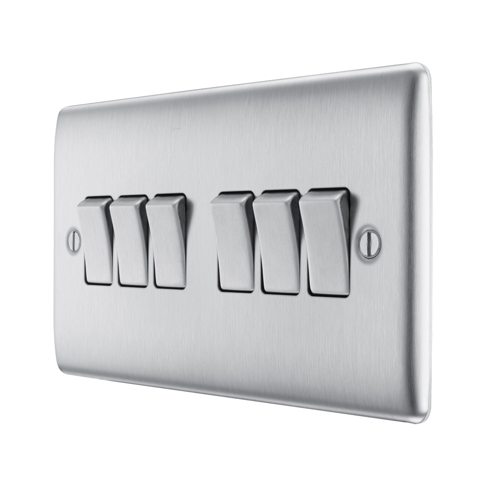 Metallic light switch panel with five rectangular buttons on a white background side