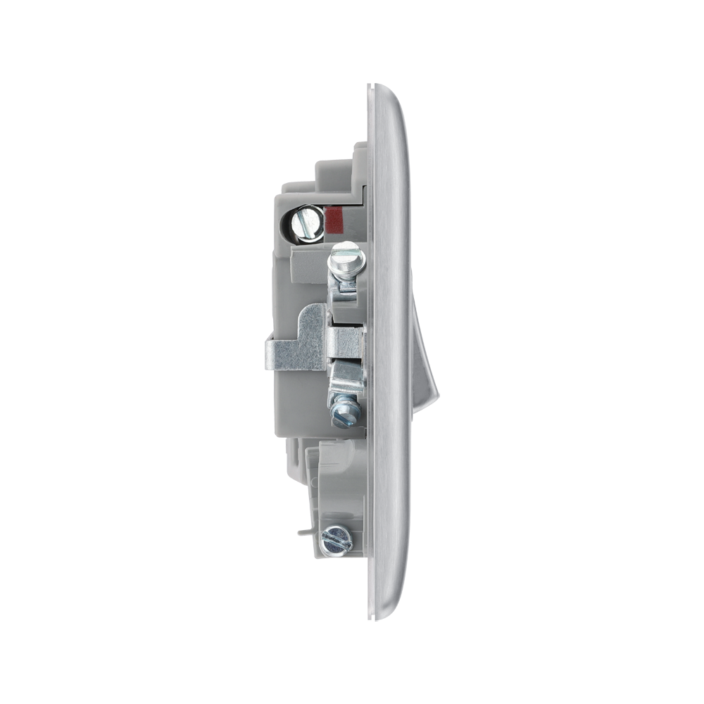 Metallic light switch with two toggle switches on a white background profile