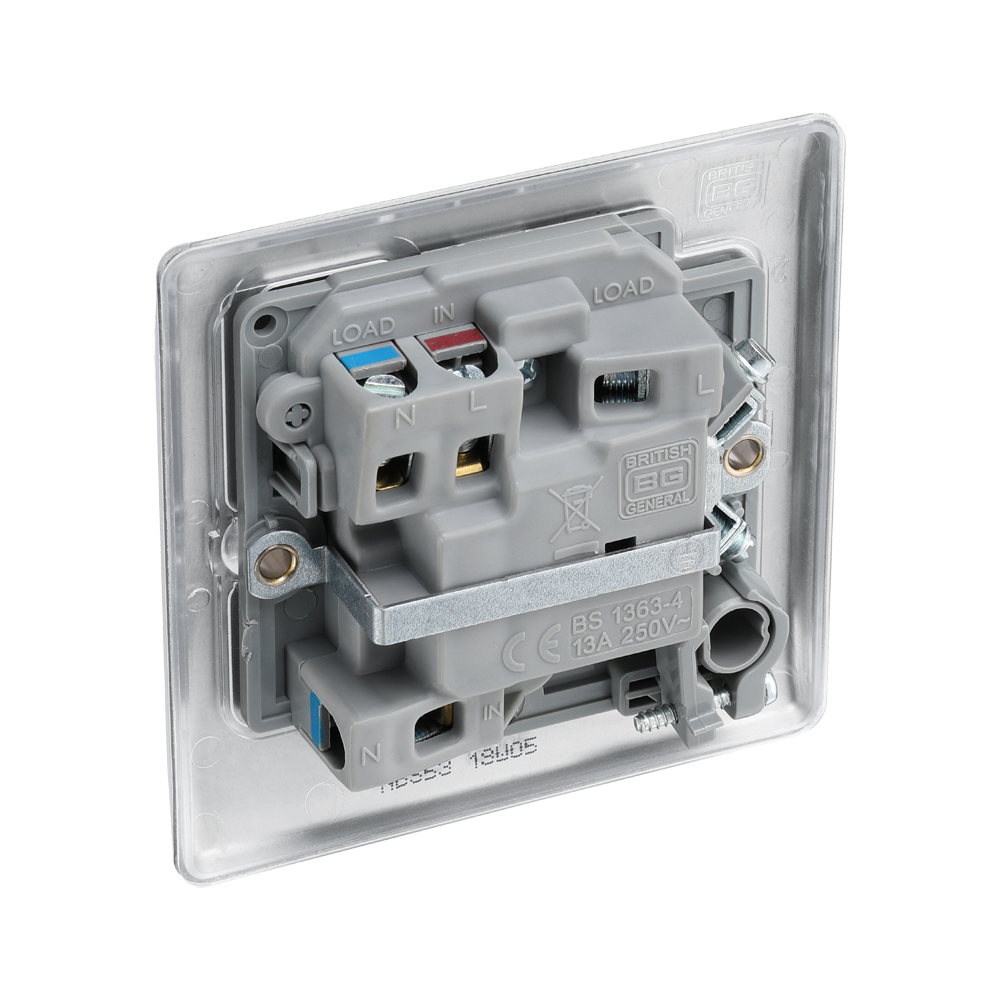 Metallic light switch with two toggle switches on a white background back