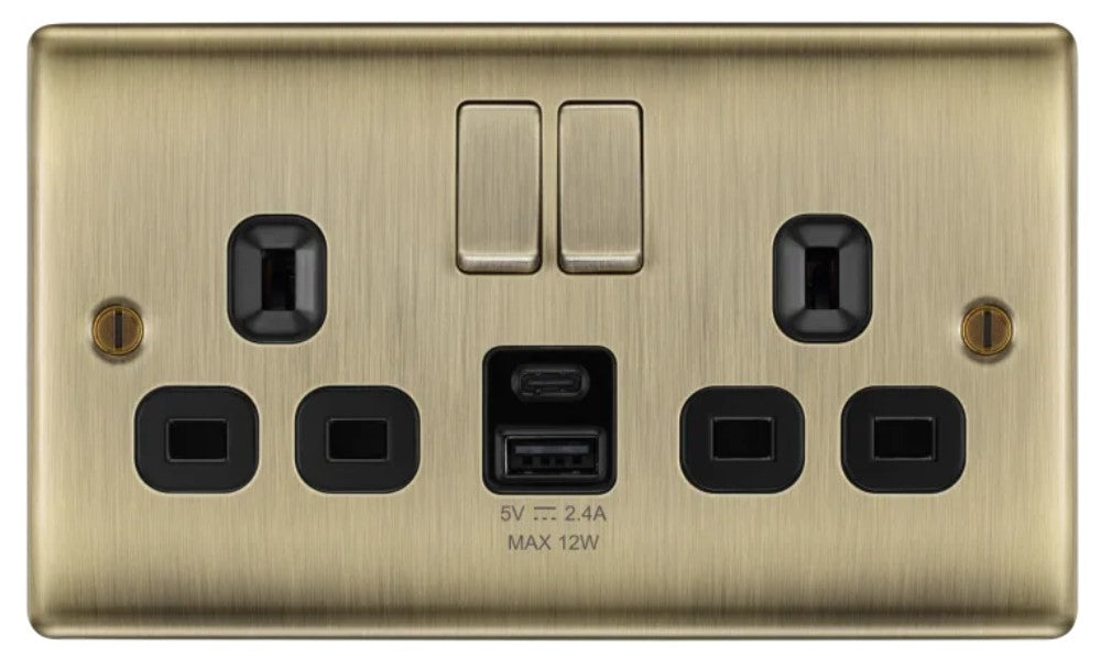 Nexus Metal Antique Brass 13A Double USB Socket with 12W A & C Ports NAB22UAC12B-The Switch Depot