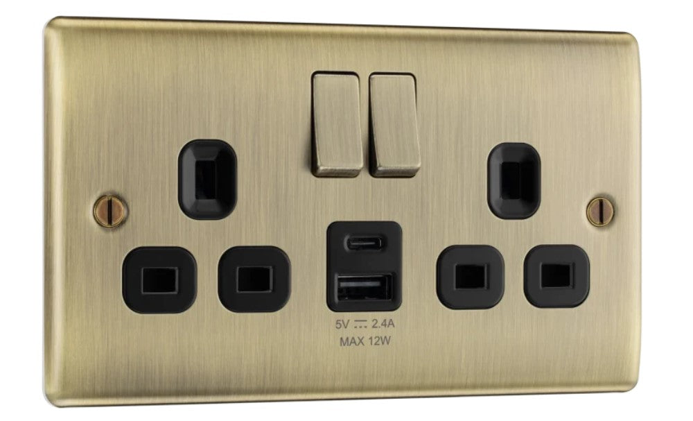 Nexus Metal Antique Brass 13A Double USB Socket with 12W A & C Ports NAB22UAC12B-The Switch Depot