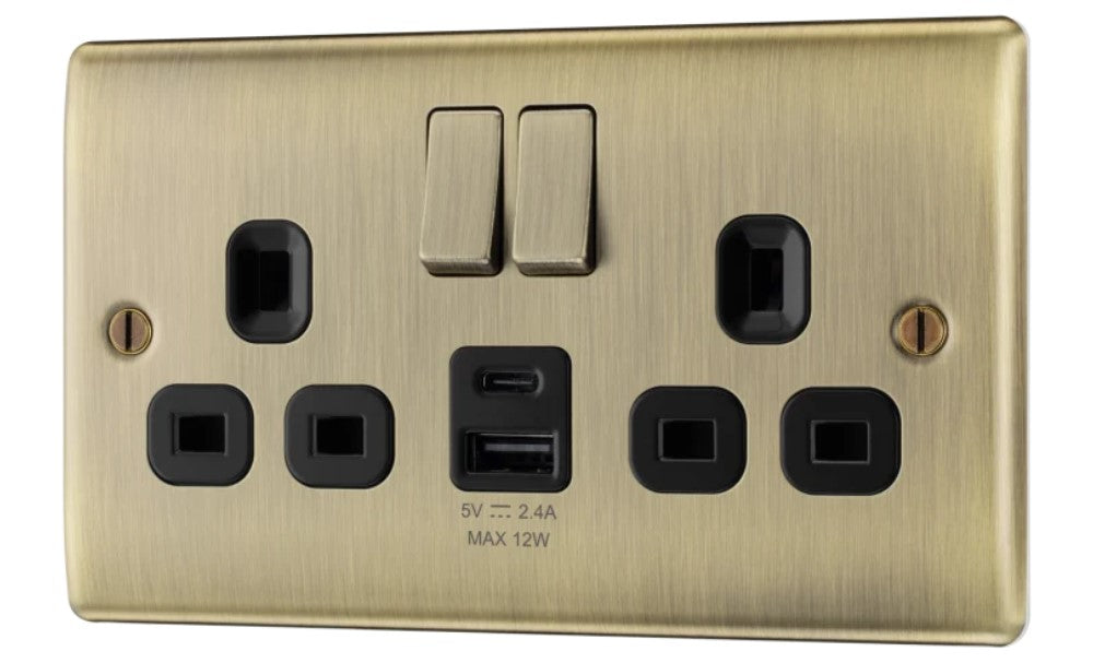 Nexus Metal Antique Brass 13A Double USB Socket with 12W A & C Ports NAB22UAC12B-The Switch Depot
