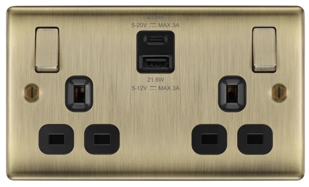 Nexus Metal Antique Brass 13A Double USB Socket with 22W A & C Ports NAB22UAC22B-The Switch Depot