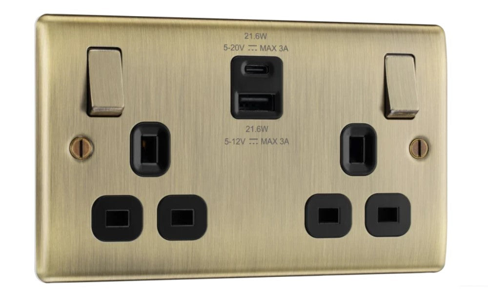 Nexus Metal Antique Brass 13A Double USB Socket with 22W A & C Ports NAB22UAC22B-The Switch Depot