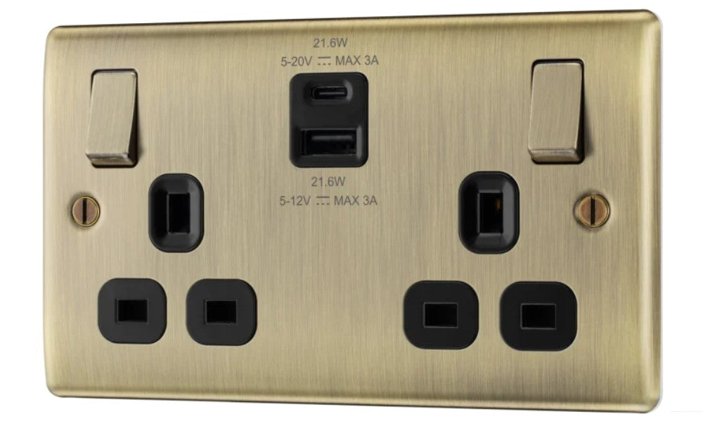 Nexus Metal Antique Brass 13A Double USB Socket with 22W A & C Ports NAB22UAC22B-The Switch Depot