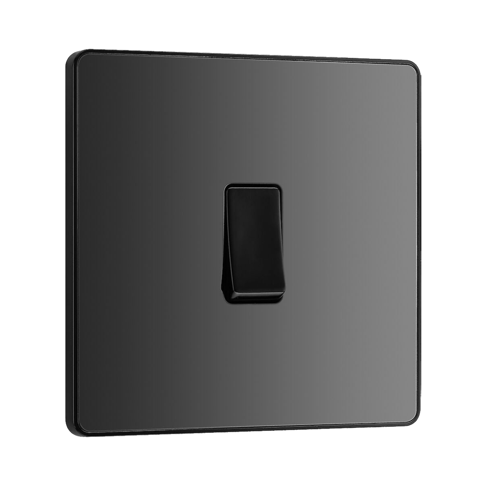BG Evolve Polycarbonate Black Chrome 1G Light Switch PCDBC12B Available From RS Electrical left side