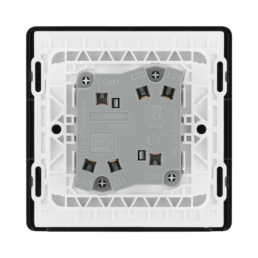 BG Evolve Polycarbonate Black Chrome 2G Light Switch PCDBC42B Available From RS Electrical back side