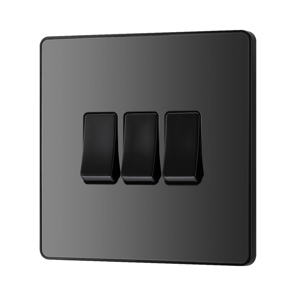 BG Evolve Polycarbonate Black Chrome 3G Light Switch PCDBC43B Available From RS Electrical right side