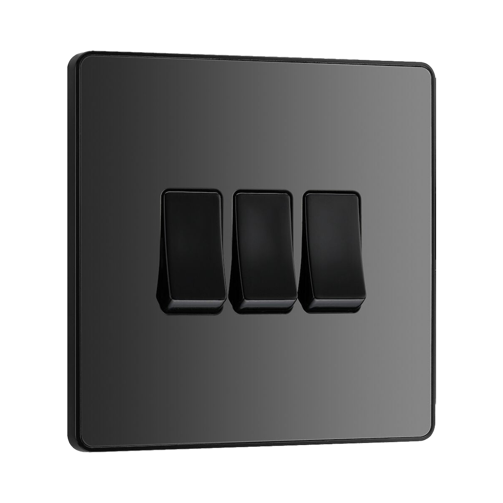 BG Evolve Polycarbonate Black Chrome 3G Light Switch PCDBC43B Available From RS Electrical left side