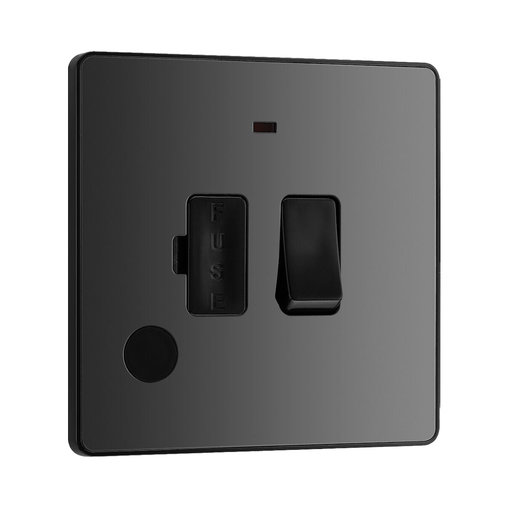 BG Evolve Polycarbonate Black Chrome 13A Switched Spur with Neon and Flex Outlet PCDBC52B Available From RS Electrical left side