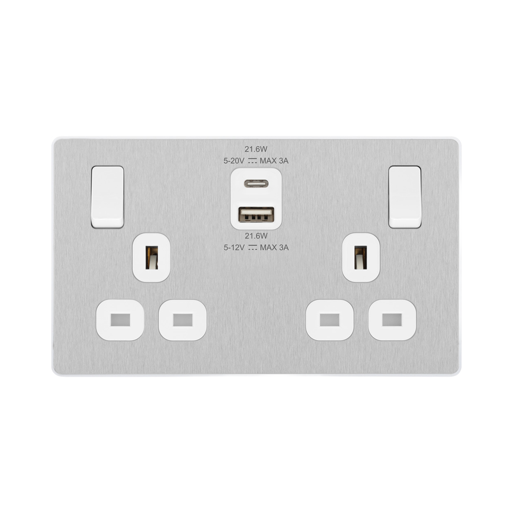 Angled view of BG Evolve Brushed Steel 13A Double USB Socket with 22W A+C Ports