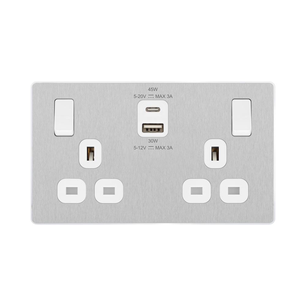 Angled view of BG Evolve Brushed Steel 13A Double USB Socket with 45W A+C Ports