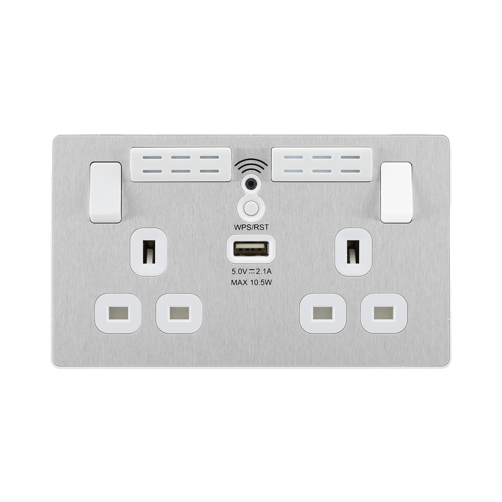 BG Evolve Brushed Steel WiFi Extender with 13A double USB Socket PCDBS22UWRW