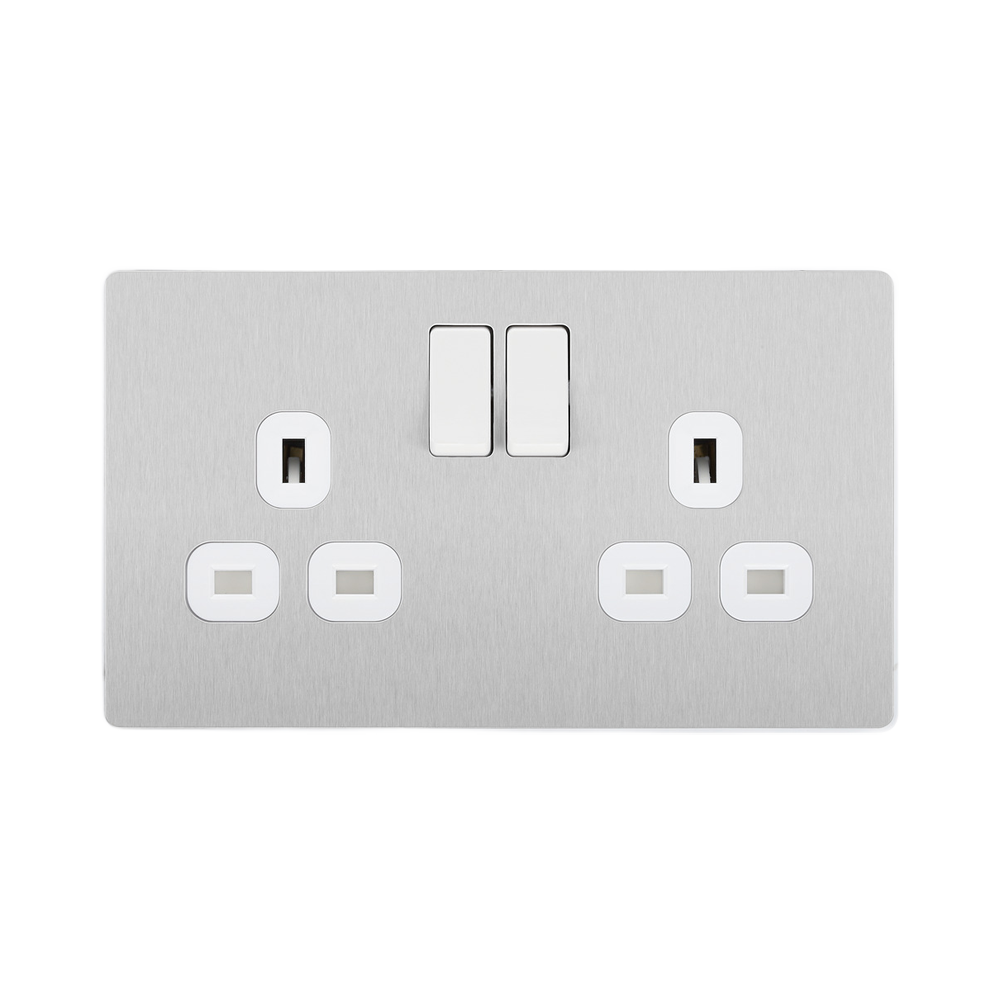Angled view of BG Evolve Brushed Steel Double Socket