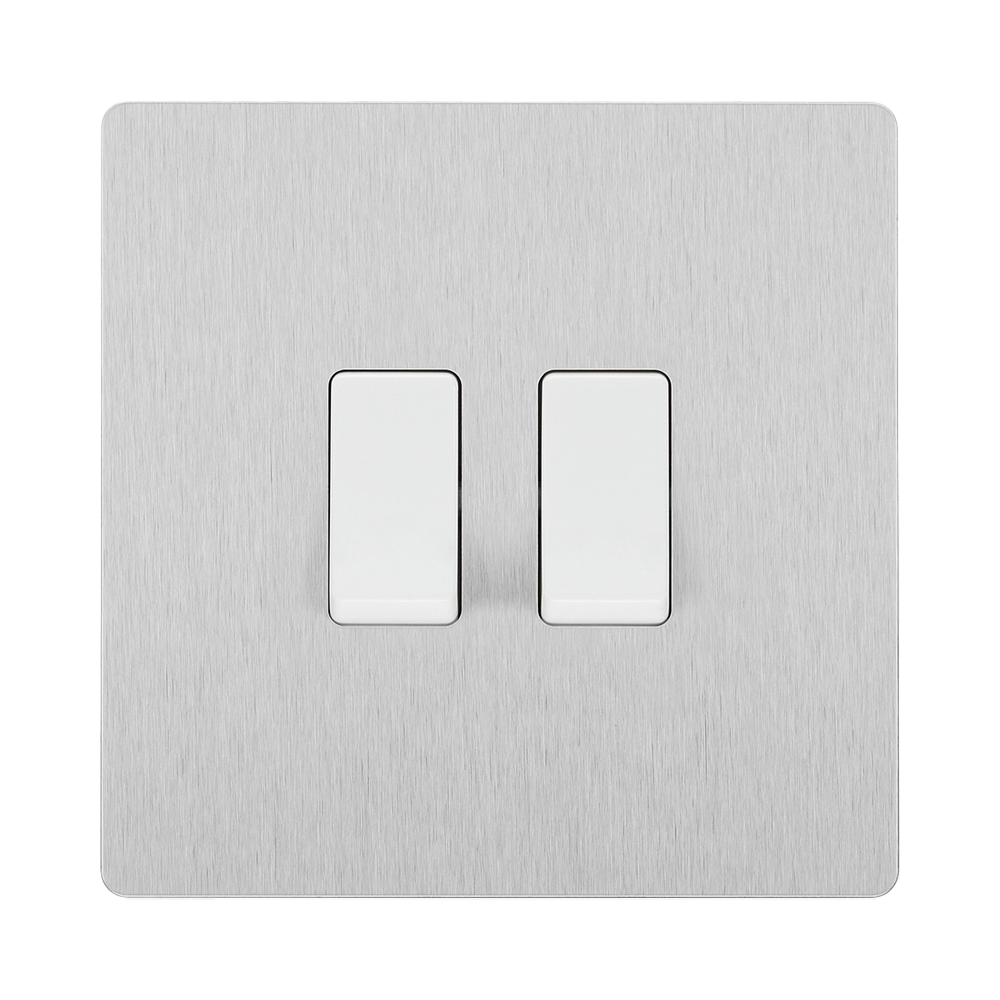 Angled view of BG Evolve Brushed Steel 2G 2W Light Switch