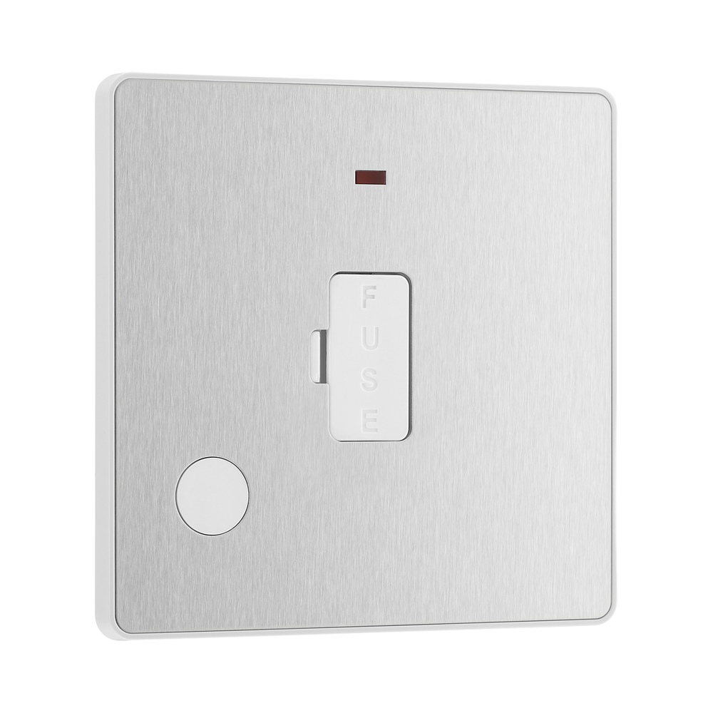 Front view of BG Evolve Brushed Steel 13A Unswitched Spur with LED and Flex Outlet