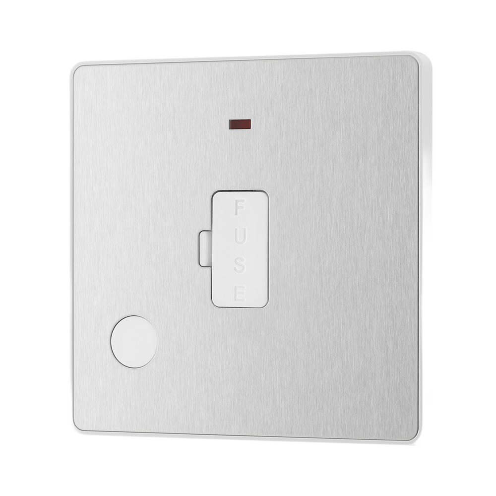 Side view of BG Evolve Brushed Steel 13A Unswitched Spur with LED and Flex Outlet