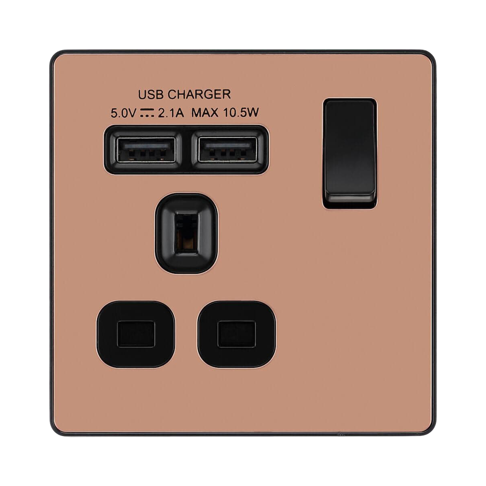 BG Evolve Polished Copper 13A Single USB Socket PCDCP21U2B